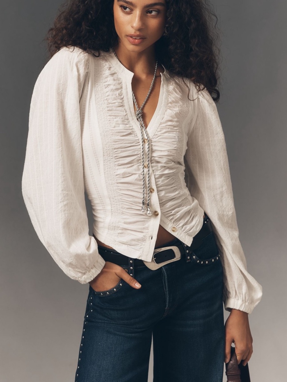 Anthropologie Ivory Ruffled Button-Front Blouse